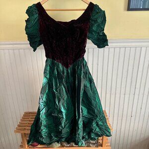 Vintage Emerald Green & Burgundy Velvet Puff Sleeve Dress Bow Detail Crinkle